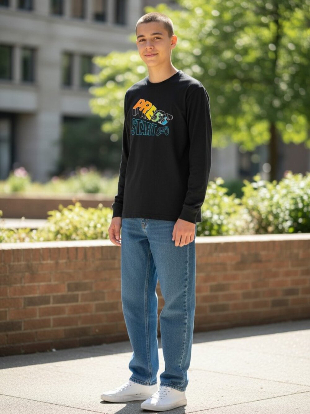 H&M Graphic Tee Kids 8-10Y Black Excellent Press Start Video Game‎ Long Sleeve